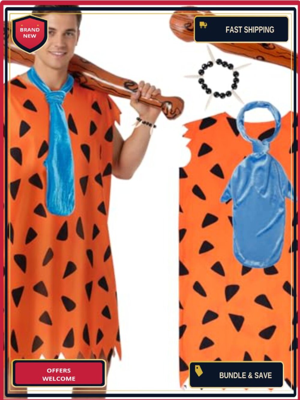 Caveman Halloween Costume Adult Funny Cosplay Outfit Tunic Tie Bat Bracelet